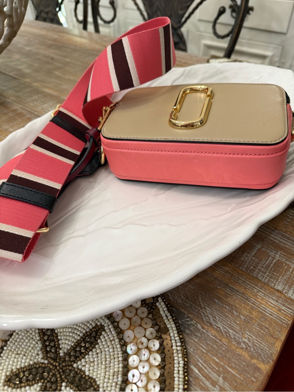 Marc Jacobs Micro Snapshot Beige Camera Crossbody with Pink-Striped Strap, EUC. - Picture 2 of 16